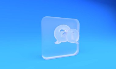 Mavi zemin üzerinde Soru ve Ünlem ikonu olan buzlu cam konuşma baloncukları. SSS işareti. Dosyaları kopyala, konuşma balonu ve grafiğini çıkar. Kare buzlu cam düğme. 3 Boyutlu resimleme.