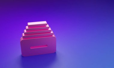 Mor-mavi arkaplanda izole edilmiş belge simgesi olan pembe çekmece. Arşiv çekmecesi. Dosya dolabı çekmecesi. Ofis mobilyası. Minimalizm kavramı. 3 Boyutlu resimleme.