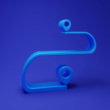 Blue Route konum simgesi mavi arkaplanda izole edildi. Harita işaretçisi işareti. Yol ya da yol kavramı. GPS navigatörü. Minimalizm kavramı. 3 Boyutlu resimleme.