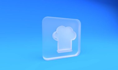 Buzlu cam aşçı şapkası ikonu mavi arka planda izole edilmiş. Aşçılık sembolü. Aşçı şapkası. Kare buzlu cam düğme. 3 Boyutlu resimleme.