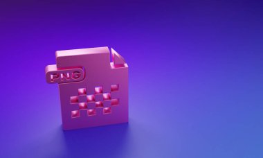 Pembe PNG dosya dökümanı. Mor-mavi arkaplanda png simgesi indir. PNG dosya simgesi. Minimalizm kavramı. 3 Boyutlu resimleme.