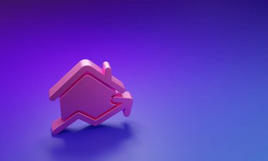 Mor-mavi arka planda izole edilmiş konut simgesinin yükselen pembe fiyatı. Gayrimenkul fiyatları yükseliyor. Konut grafiği artıyor. Minimalizm kavramı. 3 Boyutlu resimleme.