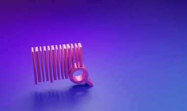 Mor-mavi arkaplanda izole edilmiş pembe arama barkod simgesi. Büyüteç barkod arıyor. Barkod etiketi. Barkod araştırması. Minimalizm kavramı. 3 Boyutlu resimleme.