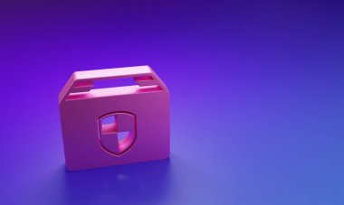 Mor-mavi arka planda izole edilmiş kalkan simgesi olan pembe paket güvenlik sembolü. Teslimat sigortası. Kalkanın ötesinde sigorta kutuları var. Minimalizm kavramı. 3 Boyutlu resimleme.