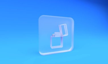 Mavi arka planda izole edilmiş buzlu cam çakmak simgesi. Kare buzlu cam düğme. 3 Boyutlu resimleme.