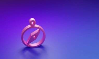Mor-mavi arkaplanda izole edilmiş pembe pusula simgesi. Rüzgâr yön bulma sembolü. Rüzgar gül işareti. Minimalizm kavramı. 3 Boyutlu resimleme.