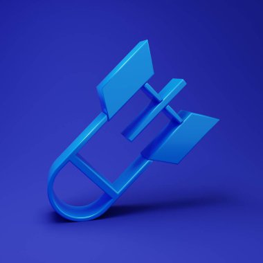 Mavi Havacılık bomba ikonu mavi arka planda izole edildi. Roket bombası düşüyor. Minimalizm kavramı. 3 Boyutlu resimleme.