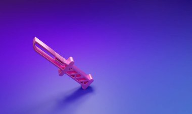 Mor-mavi arka planda izole edilmiş pembe askeri bıçak ikonu. Minimalizm kavramı. 3 Boyutlu resimleme.