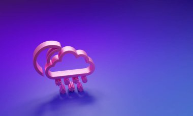 Pembe Bulut, kar, yağmur ve ay ikonu, mor-mavi arka planda izole edilmiş. Hava durumu simgesi. Minimalizm kavramı. 3 Boyutlu resimleme.