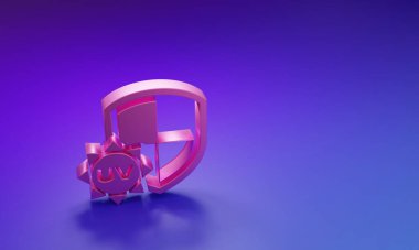 Mor-mavi arkaplanda izole edilmiş pembe UV koruma simgesi. Güneş ve kalkan. Ultra menekşe ışınları radyasyon. SPF güneş işareti. Minimalizm kavramı. 3 Boyutlu resimleme.