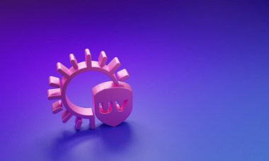 Mor-mavi arkaplanda izole edilmiş pembe UV koruma simgesi. Güneş ve kalkan. Ultra menekşe ışınları radyasyon. SPF güneş işareti. Minimalizm kavramı. 3 Boyutlu resimleme.