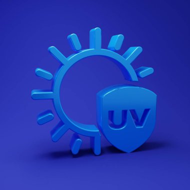 Mavi arkaplanda mavi UV koruma simgesi izole edildi. Güneş ve kalkan. Ultra menekşe ışınları radyasyon. SPF güneş işareti. Minimalizm kavramı. 3 Boyutlu resimleme.