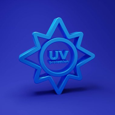 Mavi arkaplanda mavi UV koruma simgesi izole edildi. Ultra menekşe ışınları radyasyon. SPF güneş işareti. Minimalizm kavramı. 3 Boyutlu resimleme.