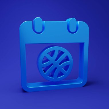 Spor takvimindeki mavi basketbol ikonu mavi arkaplanda izole edilmiş. Minimalizm kavramı. 3 Boyutlu resimleme.
