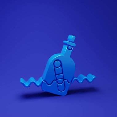 Mavi arka planda izole edilmiş su ikonu içeren mavi cam şişe. Şişedeki mektup. Korsanların sembolü. Minimalizm kavramı. 3 Boyutlu resimleme.
