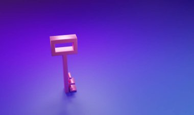 Mor-mavi arkaplanda izole edilmiş pembe korsan anahtar simgesi. Minimalizm kavramı. 3 Boyutlu resimleme.
