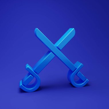 Mavi Çapraz Korsan Kılıçları simgesi mavi arka planda izole edildi. Kılıç işareti. Minimalizm kavramı. 3 Boyutlu resimleme.