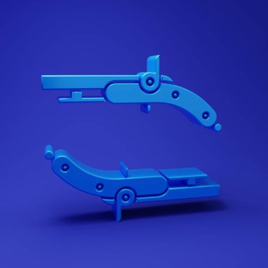 Mavi arka planda izole edilmiş mavi Vintage tabanca simgesi. Eski bir silah. Minimalizm kavramı. 3 Boyutlu resimleme.