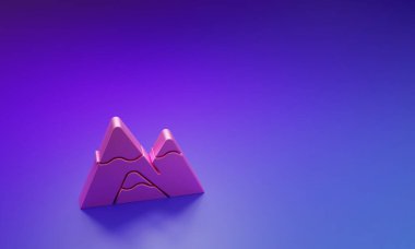 Pembe Dağlar simgesi mor-mavi arkaplanda izole edilmiş. Zaferin ya da başarının sembolü. Minimalizm kavramı. 3 Boyutlu resimleme.
