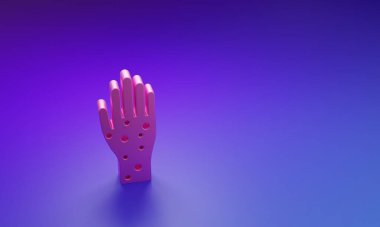 Mor-mavi arka planda izole edilmiş sedef ya da egzama ikonu olan Pembe El. Alerjene veya kronik vücut sorununa karşı insan derisi tepkisi kavramı. Minimalizm kavramı. 3 Boyutlu resimleme.