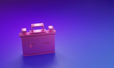 Pembe araba akü ikonu mor-mavi arka planda izole edilmiş. Akümülatör bataryası enerji ve elektrik akümülatörü bataryası. Minimalizm kavramı. 3 Boyutlu resimleme.