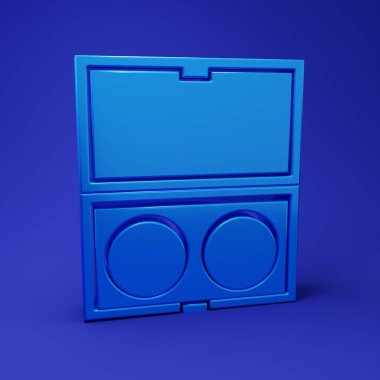 Mavi arkaplanda ayna ikonu olan mavi makyaj tozu. Minimalizm kavramı. 3 Boyutlu resimleme.