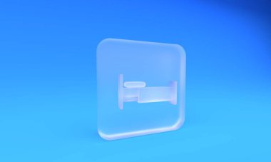 Buzlu cam yatak ikonu mavi arkaplanda izole edilmiş. Kare buzlu cam düğme. 3 Boyutlu resimleme.