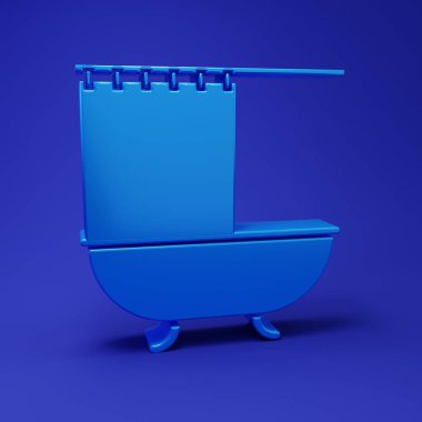 Mavi arka planda açık duş perdesi ikonu olan mavi küvet. Minimalizm kavramı. 3 Boyutlu resimleme.