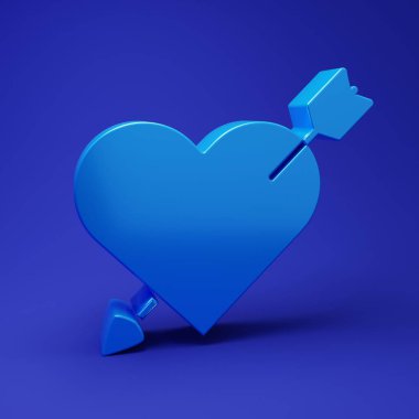 Mavi arka planda kalp ve ok ikonu olan Mavi Amour sembolü. Aşk işareti. Sevgililer Günü sembolü. Minimalizm kavramı. 3 Boyutlu resimleme.