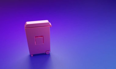 Mor-mavi arkaplanda izole edilmiş pembe çöp kutusu simgesi. Çöp kutusu tabelası. Sepet simgesini geri dönüştür. Ofis çöpü ikonu. Minimalizm kavramı. 3 Boyutlu resimleme.