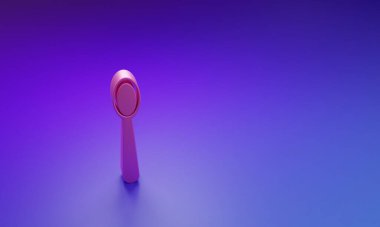 Mor-mavi arka planda tek kullanımlık pembe plastik kaşık simgesi. Minimalizm kavramı. 3 Boyutlu resimleme.