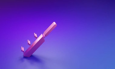 Mor-mavi arka planda izole edilmiş pembe kızartma tavası simgesi. Kızartma veya kızartma gıda sembolü. Minimalizm kavramı. 3 Boyutlu resimleme.