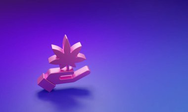 Mor-mavi arka planda izole edilmiş pembe tıbbi marihuana veya kenevir yaprağı ikonu. Kenevir sembolü. Minimalizm kavramı. 3 Boyutlu resimleme.