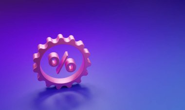 Pembe İndirim etiketi simgesi mor-mavi arka planda izole edildi. Etiket alışverişi. Özel teklif işareti. İndirim kuponları sembolü. Minimalizm kavramı. 3 Boyutlu resimleme.