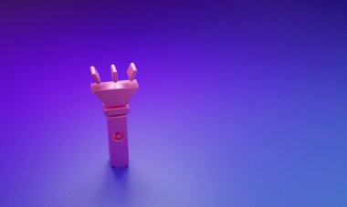 Mor-mavi arkaplanda izole edilmiş pembe el feneri simgesi. Minimalizm kavramı. 3 Boyutlu resimleme.