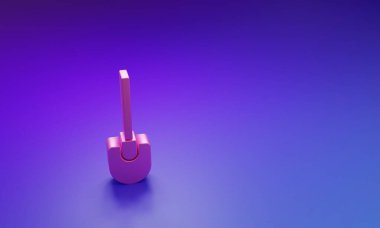 Mor-mavi arkaplanda izole edilmiş pembe kürek ikonu. Bahçe aletleri. Bahçecilik, tarım, çiftçilik aleti. Minimalizm kavramı. 3 Boyutlu resimleme.