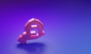 Pembe çiftlik evi, mor-mavi arka planda izole edilmiş bir ikon. Minimalizm kavramı. 3 Boyutlu resimleme.