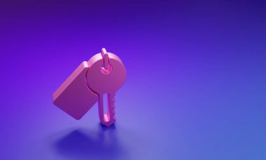 Mor-mavi arkaplanda izole edilmiş pembe işaretli anahtar simgesi. Minimalizm kavramı. 3 Boyutlu resimleme.