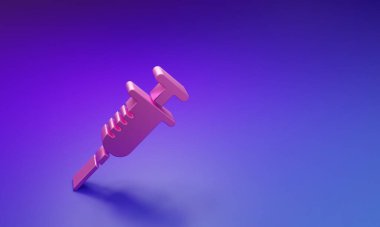 Mor-mavi arkaplanda izole edilmiş pembe şırınga ikonu. Aşı için şırınga, aşı, iğne, grip aşısı. Tıbbi ekipman. Minimalizm kavramı. 3 Boyutlu resimleme.
