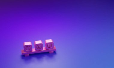 Mor-mavi arka planda izole edilmiş kesme tahtası simgesinde pembe suşi. Tahtada Asya yemeği suşisi. Minimalizm kavramı. 3 Boyutlu resimleme.