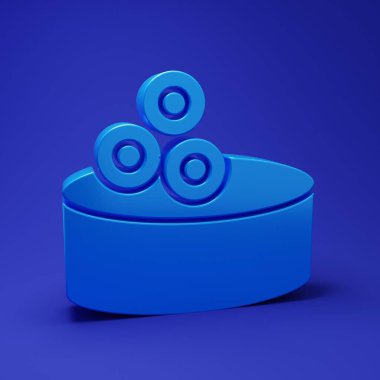 Mavi arka planda havyar simgesi olan mavi teneke kutu. Minimalizm kavramı. 3 Boyutlu resimleme.