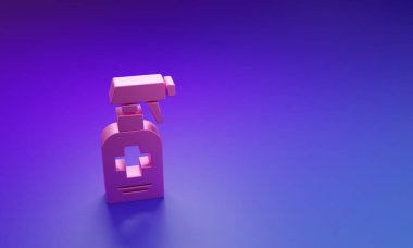 Pembe şişe antibakteriyel sabun ve mor-mavi arka planda izole edilmiş şeker ikonu. Antiseptik. Dezenfeksiyon, hijyen, cilt bakımı. Minimalizm kavramı. 3 Boyutlu resimleme.