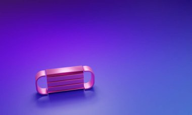 Mor-mavi arka planda izole edilmiş pembe tıbbi maske ikonu. Minimalizm kavramı. 3 Boyutlu resimleme.