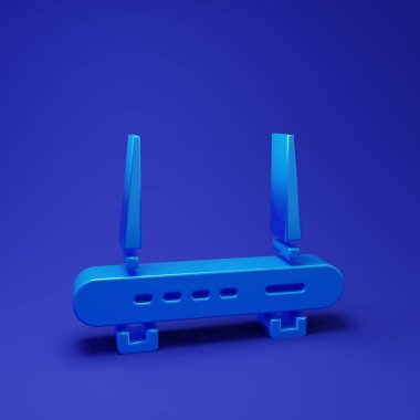 Mavi Router ve wi-fi sinyal ikonu mavi arkaplanda izole edildi. Kablosuz ethernet modem yönlendirici. Bilgisayar teknolojisi interneti. Minimalizm kavramı. 3 Boyutlu resimleme.