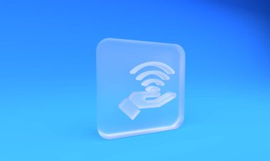Buzlu cam 5G yeni kablosuz internet kablosuz bağlantı simgesi mavi arkaplanda izole edildi. Küresel ağ yüksek hızlı bağlantı veri oranı teknolojisi. Kare buzlu cam düğme. 3 Boyutlu resimleme.