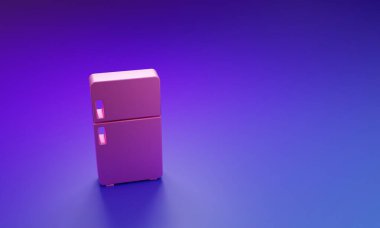 Mor-mavi arka planda izole edilmiş pembe buzdolabı simgesi. Buzdolabı buzdolabı. Ev aletleri ve aletler. Minimalizm kavramı. 3 Boyutlu resimleme.