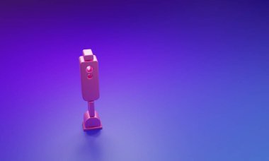 Mor-mavi arkaplanda izole edilmiş pembe karıştırıcı simgesi. Mutfak elektrikli kırıcı ve kase. Meyve suyu, kokteyl ya da meyve suyu. Minimalizm kavramı. 3 Boyutlu resimleme.