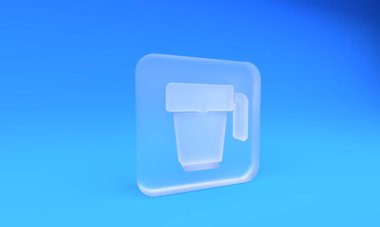 Mavi arka planda izole edilmiş buzlu cam kahve fincanı ikonu. Çay fincanı. Sıcak içecek kahvesi. Kare buzlu cam düğme. 3 Boyutlu resimleme.