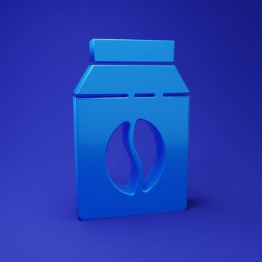 Mavi kahve torbası mavi arka planda izole edilmiş. Minimalizm kavramı. 3 Boyutlu resimleme.