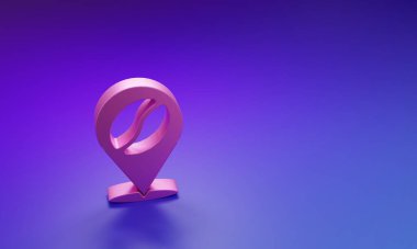Mor-mavi arka planda kahve çekirdeği ikonu olan pembe bir yer. Minimalizm kavramı. 3 Boyutlu resimleme.